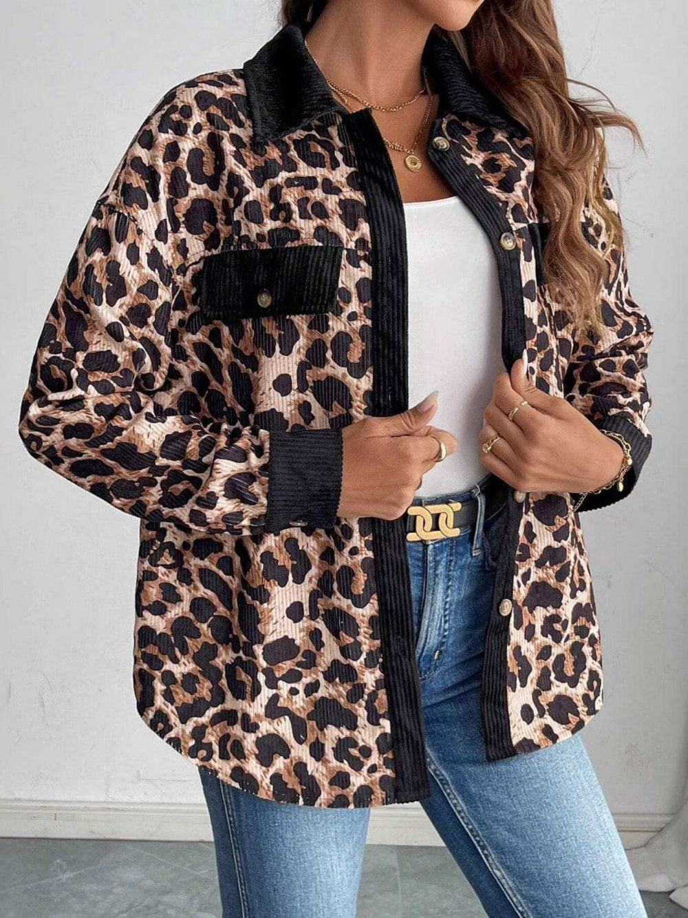 Leopard Collared Neck Button Up Shacket - Trendsi - Flyclothing LLC