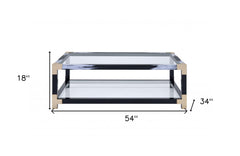 54" Clear And Black and White Glass And Metal Coffee Table With Shelf - Homeroots