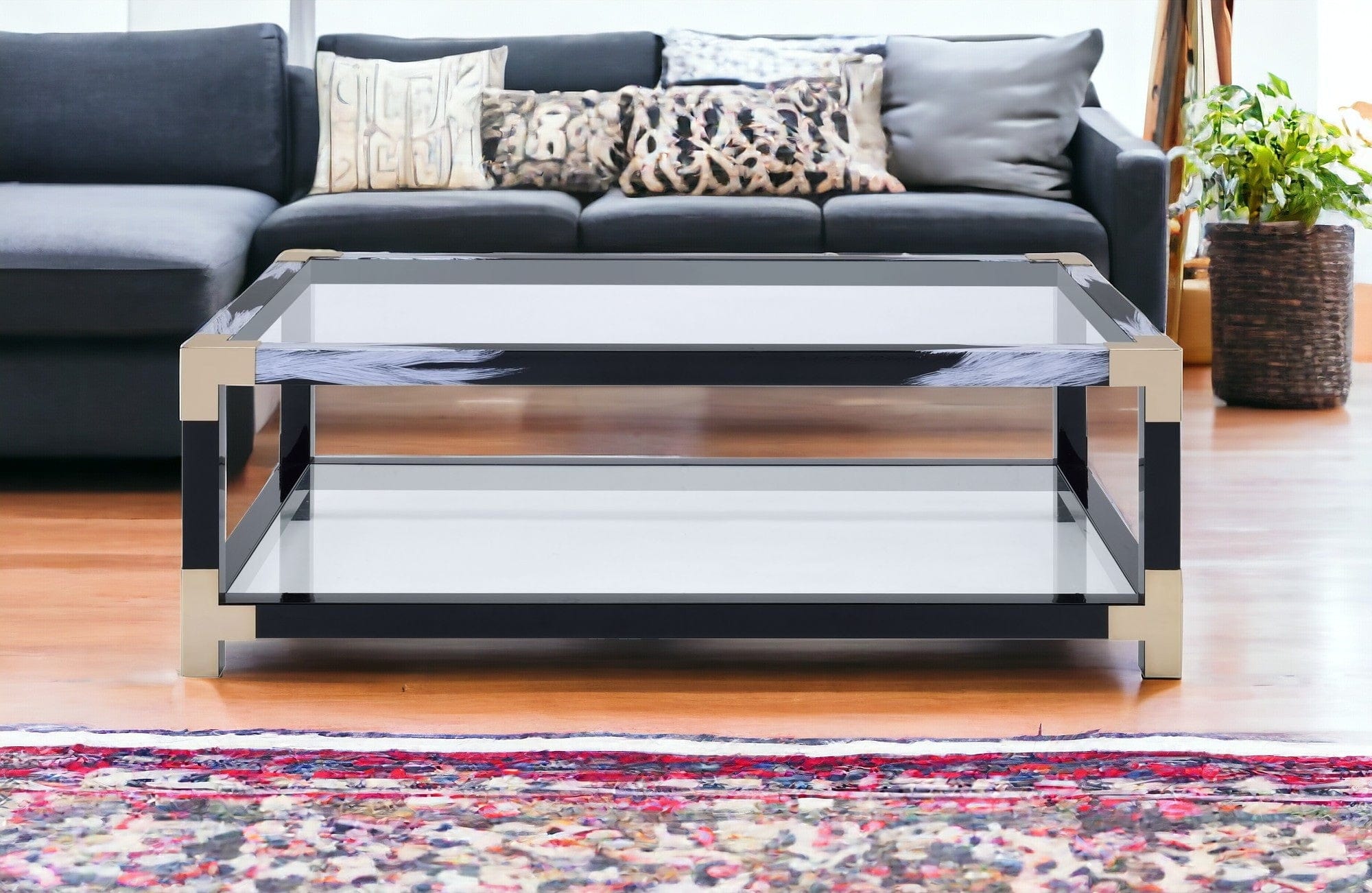 54" Clear And Black and White Glass And Metal Coffee Table With Shelf - Homeroots