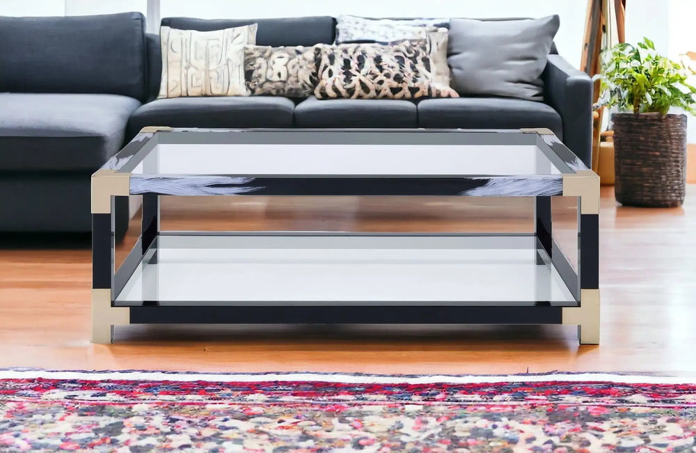 54" Clear And Black and White Glass And Metal Coffee Table With Shelf - Homeroots - Flyclothing LLC