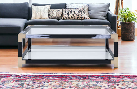 54" Clear And Black and White Glass And Metal Coffee Table With Shelf - Homeroots