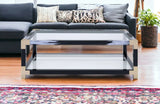 54" Clear And Black and White Glass And Metal Coffee Table With Shelf - Homeroots