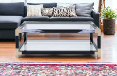 54" Clear And Black and White Glass And Metal Coffee Table With Shelf - Homeroots