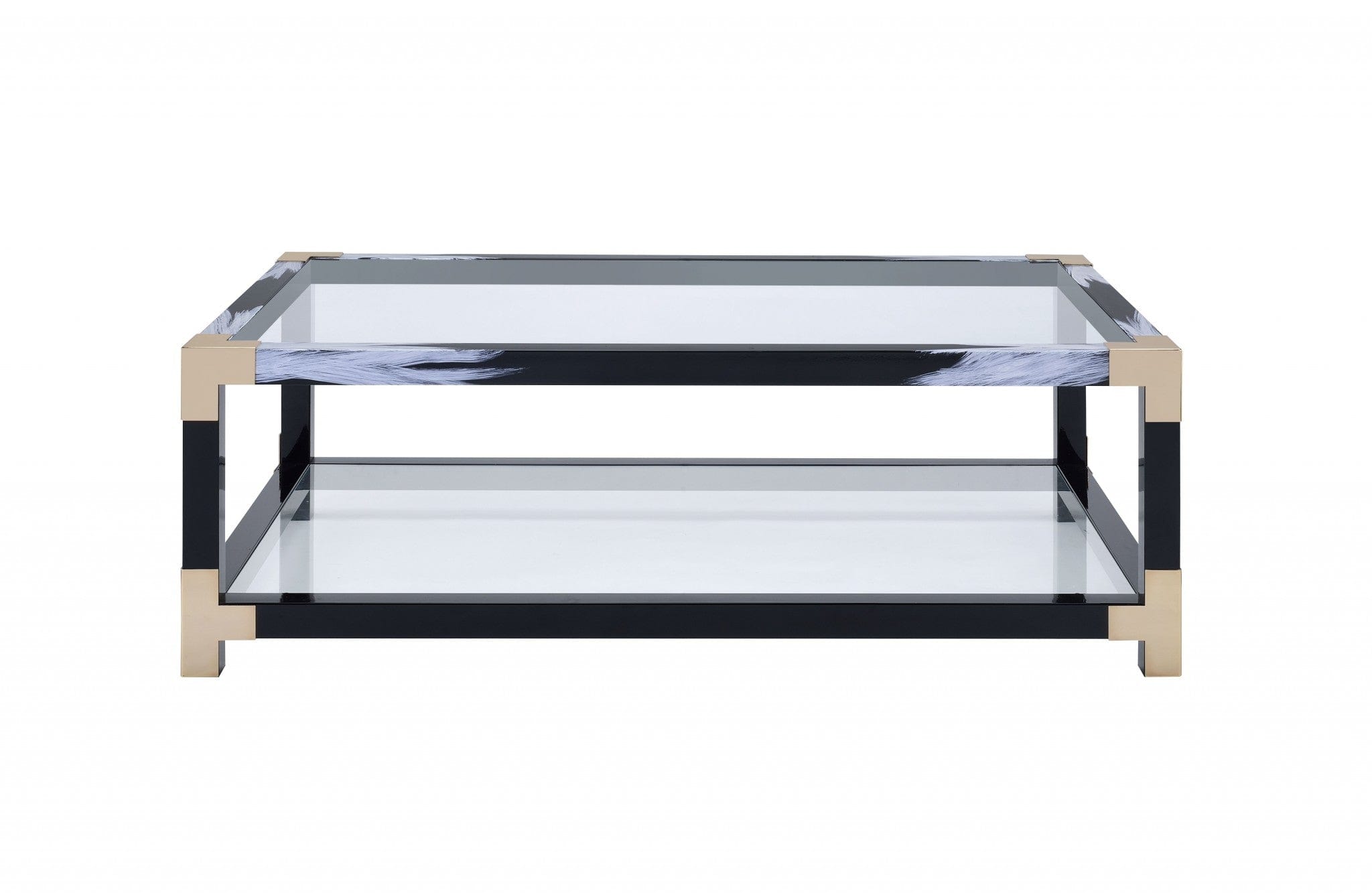 54" Clear And Black and White Glass And Metal Coffee Table With Shelf - Homeroots