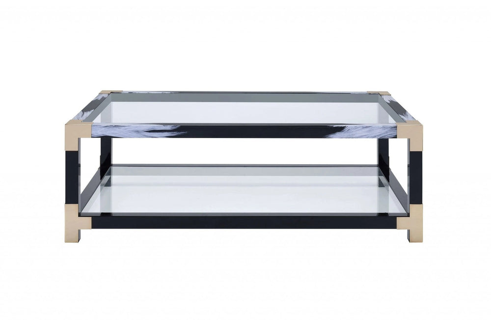 54" Clear And Black and White Glass And Metal Coffee Table With Shelf - Homeroots