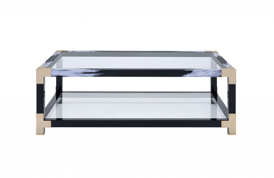 54" Clear And Black and White Glass And Metal Coffee Table With Shelf - Homeroots