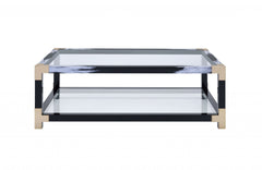 54" Clear And Black and White Glass And Metal Coffee Table With Shelf - Homeroots