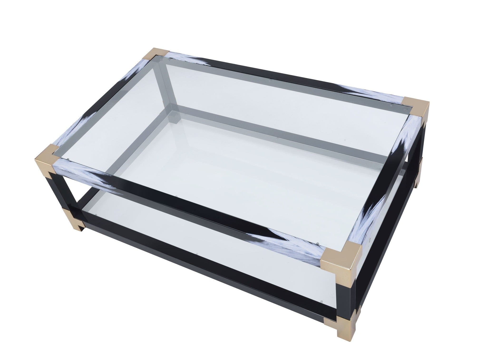54" Clear And Black and White Glass And Metal Coffee Table With Shelf - Homeroots