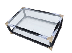 54" Clear And Black and White Glass And Metal Coffee Table With Shelf - Homeroots