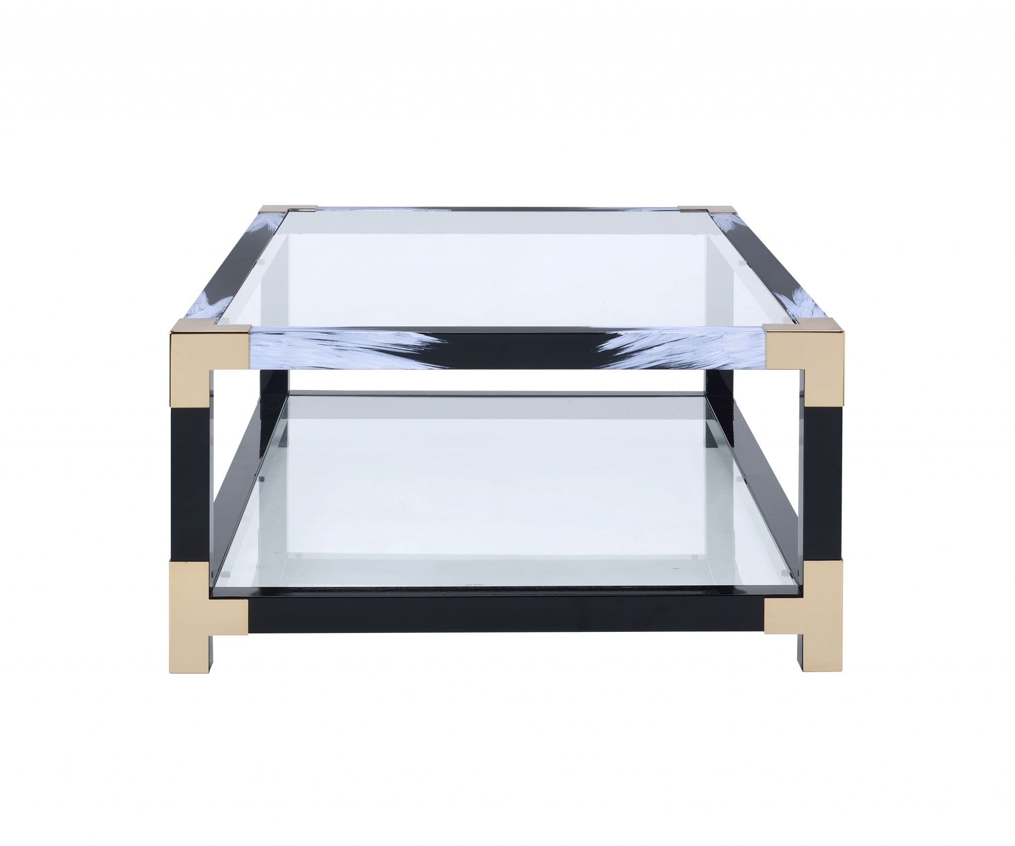 54" Clear And Black and White Glass And Metal Coffee Table With Shelf - Homeroots