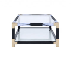 54" Clear And Black and White Glass And Metal Coffee Table With Shelf - Homeroots