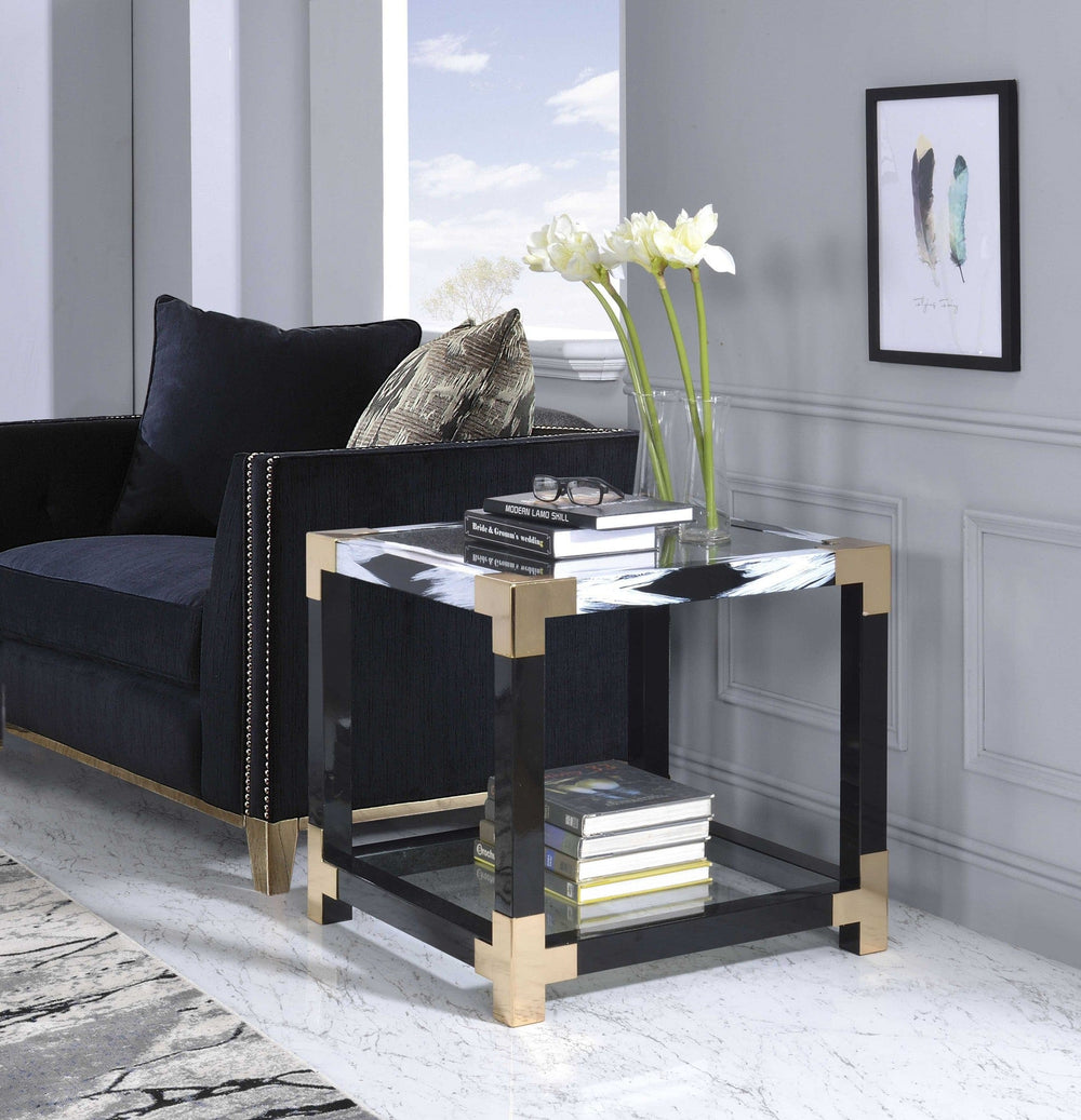 25" Black and Gold And Clear Glass And Iron Square End Table With Shelf With Magazine Holder - Homeroots - Flyclothing LLC