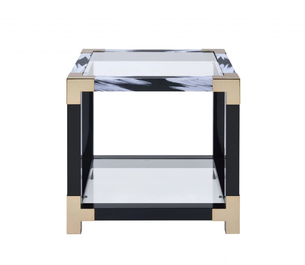 25" Black and Gold And Clear Glass And Iron Square End Table With Shelf With Magazine Holder - Homeroots - Flyclothing LLC
