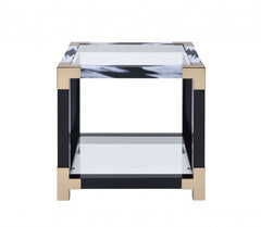 25" Black and Gold And Clear Glass And Iron Square End Table With Shelf With Magazine Holder