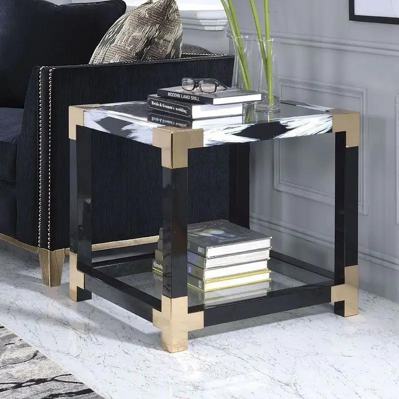 25" Black and Gold And Clear Glass And Iron Square End Table With Shelf With Magazine Holder - Homeroots - Flyclothing LLC