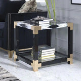 25" Black and Gold And Clear Glass And Iron Square End Table With Shelf With Magazine Holder - Homeroots - Flyclothing LLC