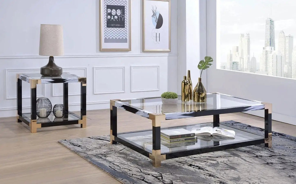 25" Black and Gold And Clear Glass And Iron Square End Table With Shelf With Magazine Holder - Homeroots - Flyclothing LLC