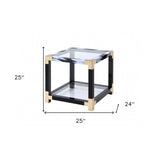 25" Black and Gold And Clear Glass And Iron Square End Table With Shelf With Magazine Holder - Homeroots - Flyclothing LLC