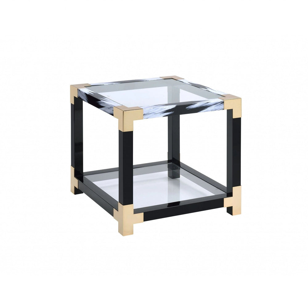 25" Black and Gold And Clear Glass And Iron Square End Table With Shelf With Magazine Holder - Homeroots - Flyclothing LLC