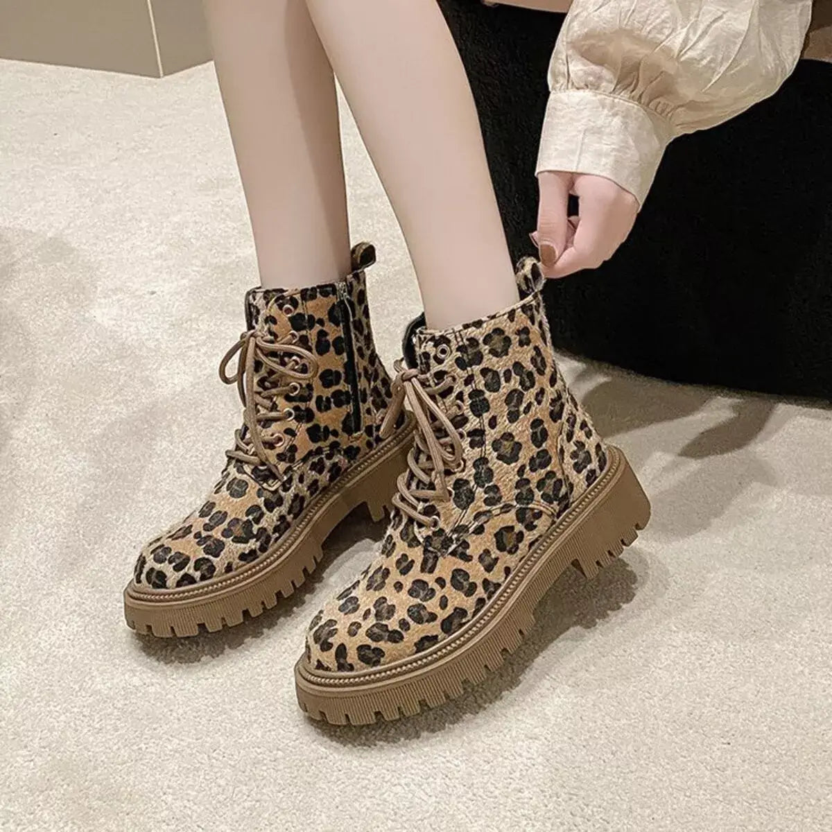 Animal Print Lace-Up Ankle Boots - Trendsi - Flyclothing LLC