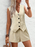 V-Neck Button Down Vest and Shorts Set - Trendsi