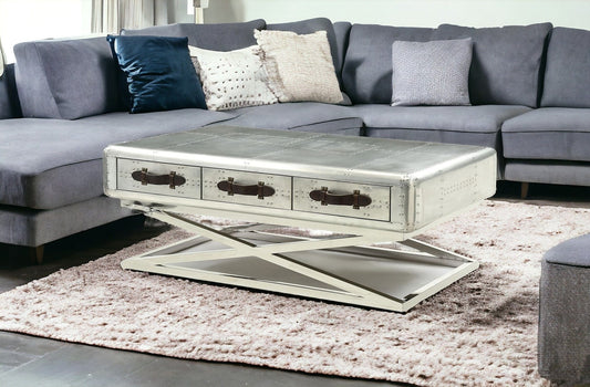 51" Silver Aluminum Coffee Table With Three Drawers - Homeroots