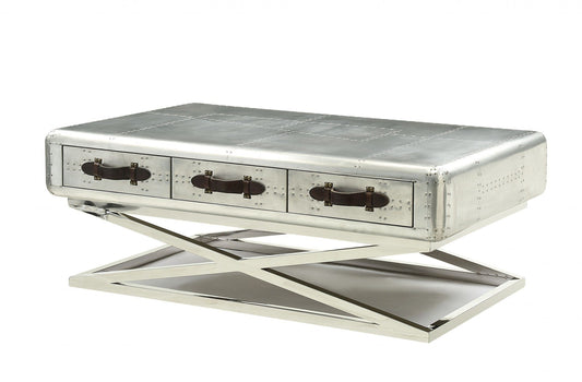 51" Silver Aluminum Coffee Table With Three Drawers - Homeroots
