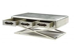 51" Silver Aluminum Coffee Table With Three Drawers - Homeroots