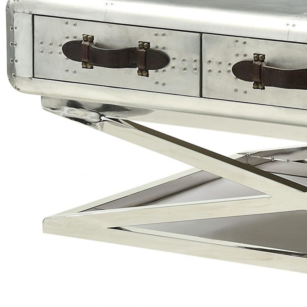 51" Silver Aluminum Coffee Table With Three Drawers - Homeroots