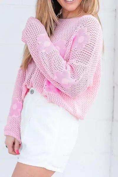 Openwork Round Neck Floral Knit Cover Up - Trendsi - Flyclothing LLC