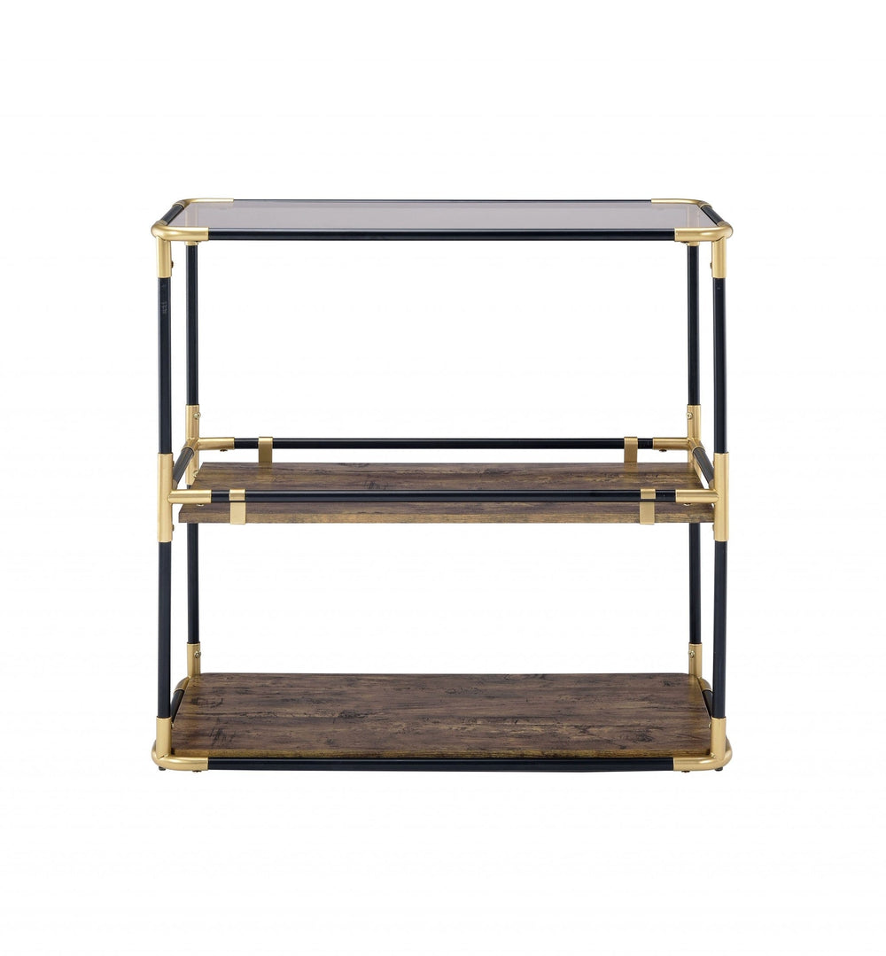 33" Black and Gold And Clear Glass End Table With Two Shelves With Magazine Holder - Homeroots