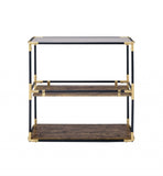 33" Black and Gold And Clear Glass End Table With Two Shelves With Magazine Holder - Homeroots