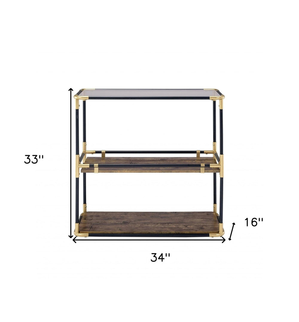 33" Black and Gold And Clear Glass End Table With Two Shelves With Magazine Holder - Homeroots - Flyclothing LLC