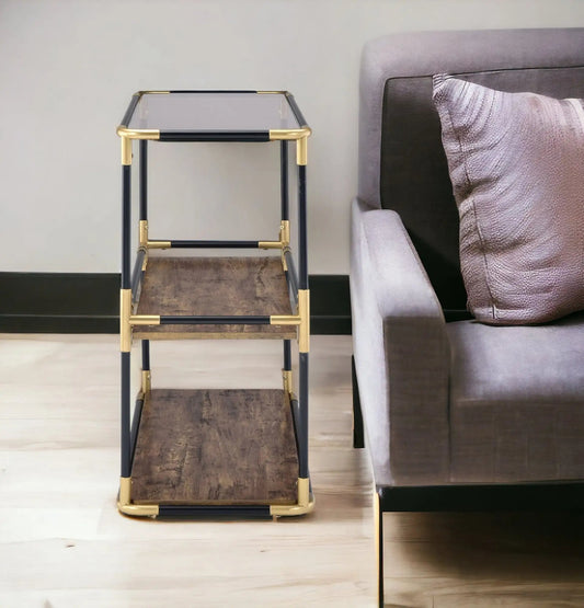 33" Black and Gold And Clear Glass End Table With Two Shelves With Magazine Holder - Homeroots