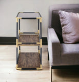 33" Black and Gold And Clear Glass End Table With Two Shelves With Magazine Holder - Homeroots