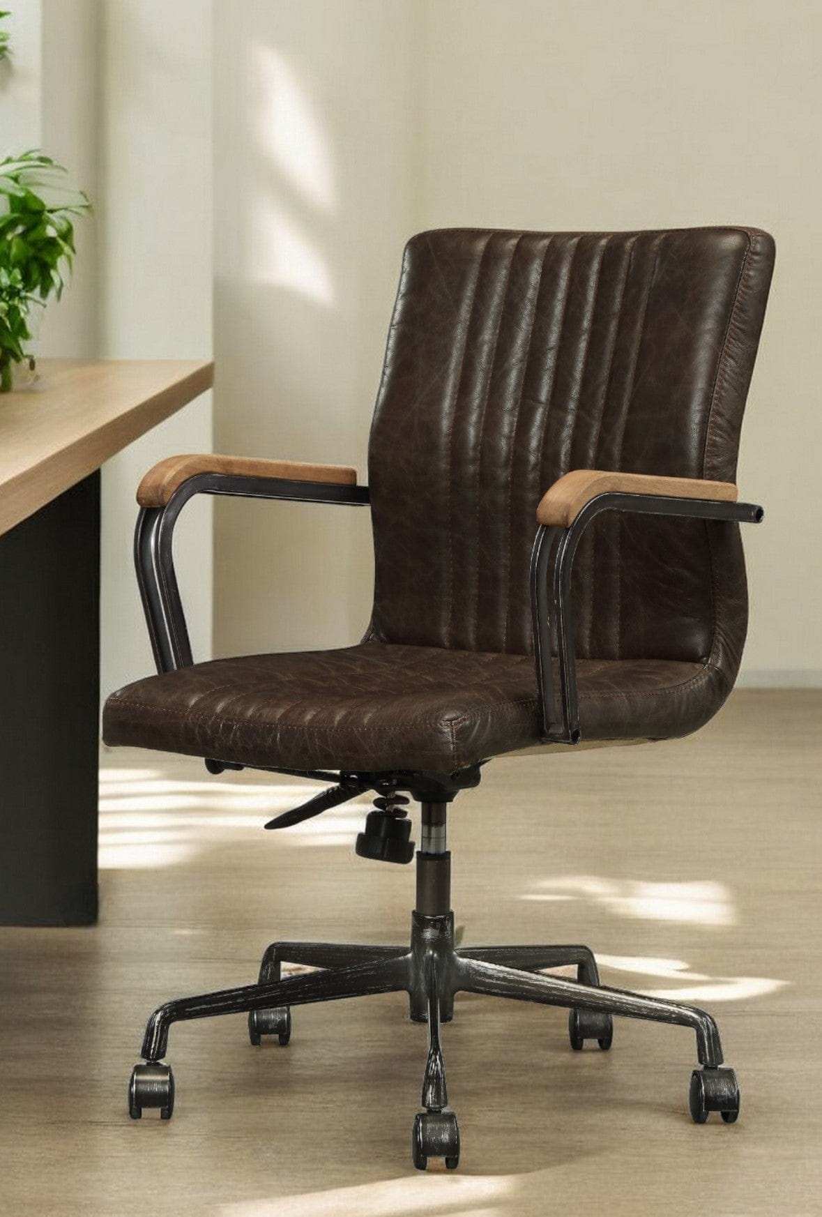 Chocolate and Black Adjustable Swivel Leather Rolling Executive Office Chair - Homeroots - Flyclothing LLC