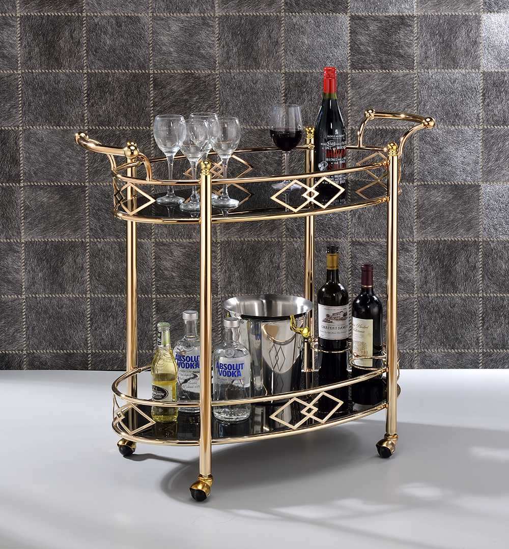 Gold and Black Metal And Glass Oval Rolling Bar Cart - Homeroots - Flyclothing LLC