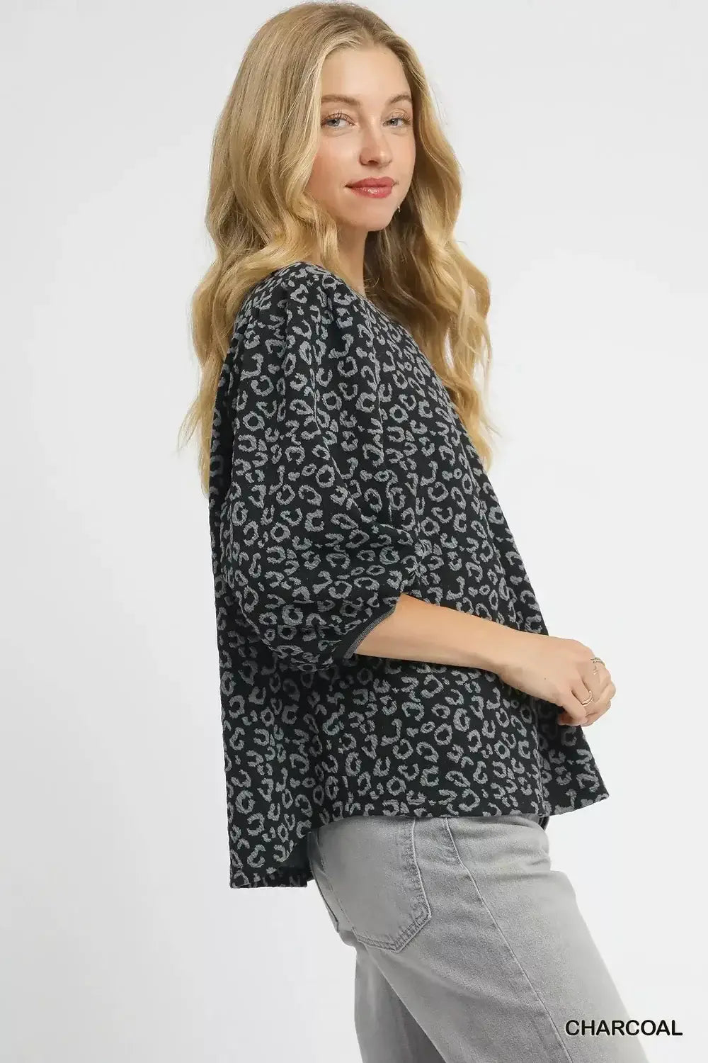 Umgee Leopard Print Jacquard Blouse with Puff Sleeves - Trendsi - Flyclothing LLC