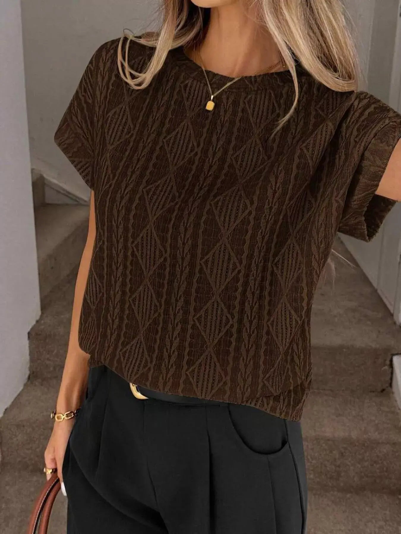 Diamond Pattern Round Neck Top - Trendsi - Flyclothing LLC