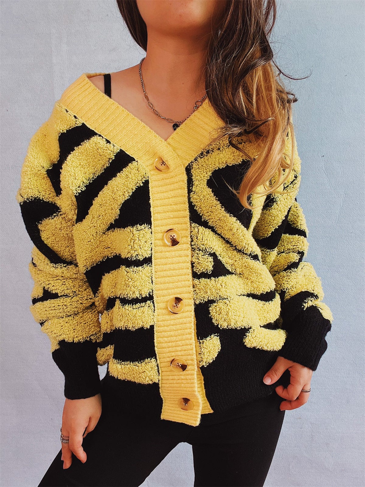Contrast Button Up Long Sleeve Cardigan - Trendsi