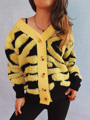 Contrast Button Up Long Sleeve Cardigan - Trendsi