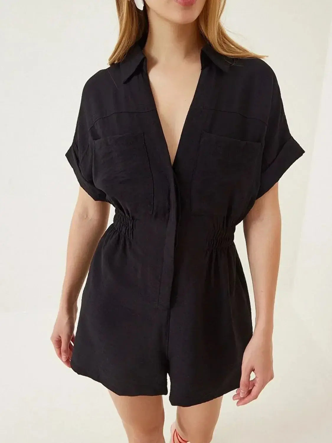 Johnny Collar Short Sleeve Romper - Trendsi - Flyclothing LLC