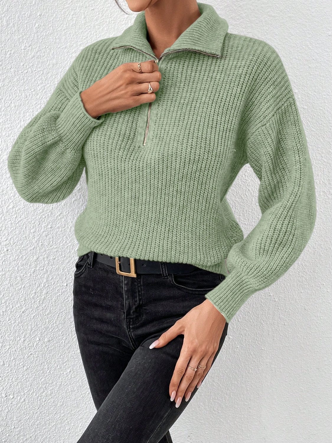 Honey Half Zip Dropped Shoulder Sweater - Trendsi