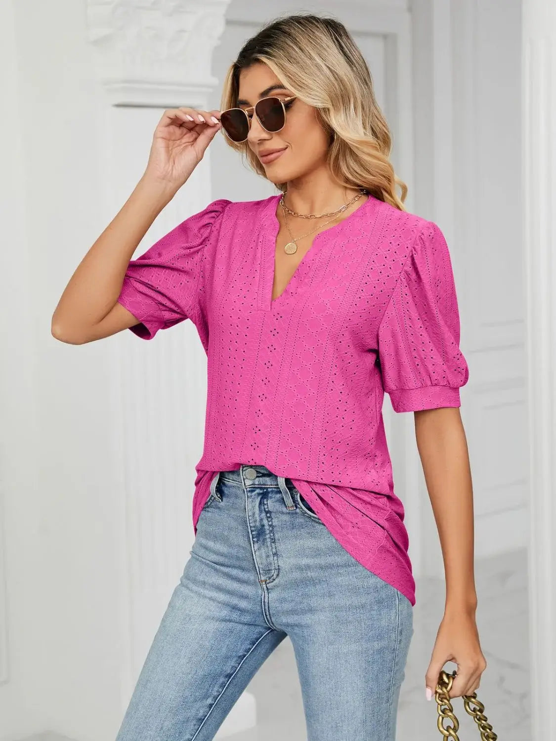 Florira Eyelet Notched Short Sleeve T-Shirt - Trendsi - Flyclothing LLC