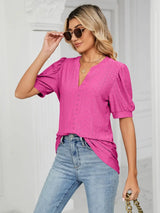Florira Eyelet Notched Short Sleeve T-Shirt - Trendsi - Flyclothing LLC