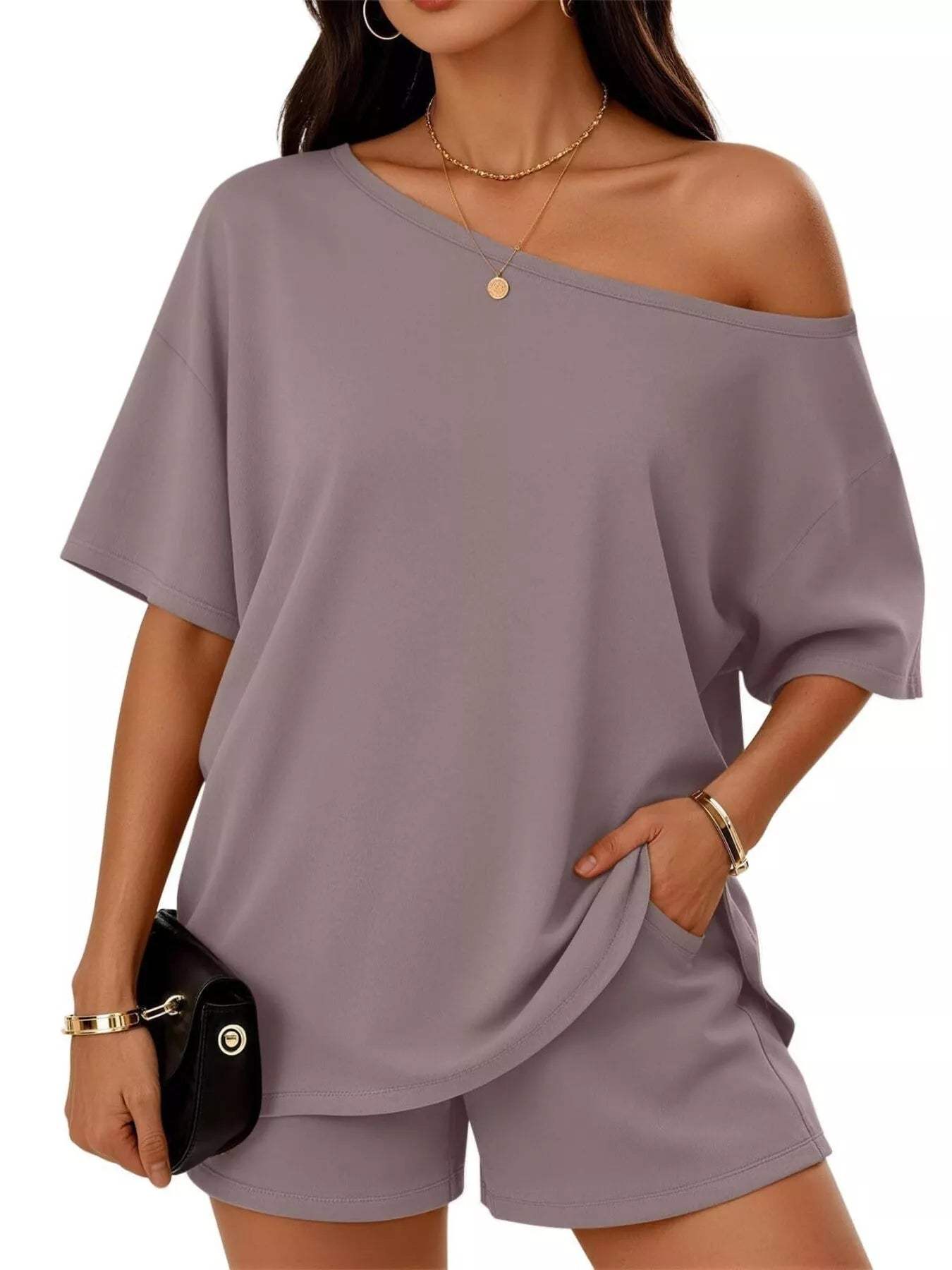 Full Size Boat Neck Tee and Shorts Set Plus Size - Trendsi - Flyclothing LLC
