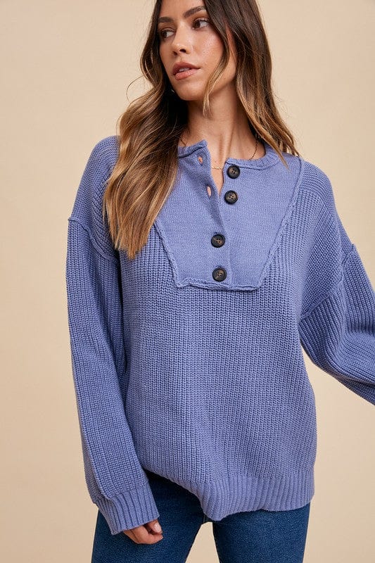 Annie Wear Half Button Ribbed Hem Sweater - Trendsi