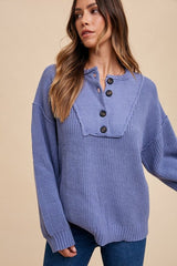 Annie Wear Half Button Ribbed Hem Sweater - Trendsi