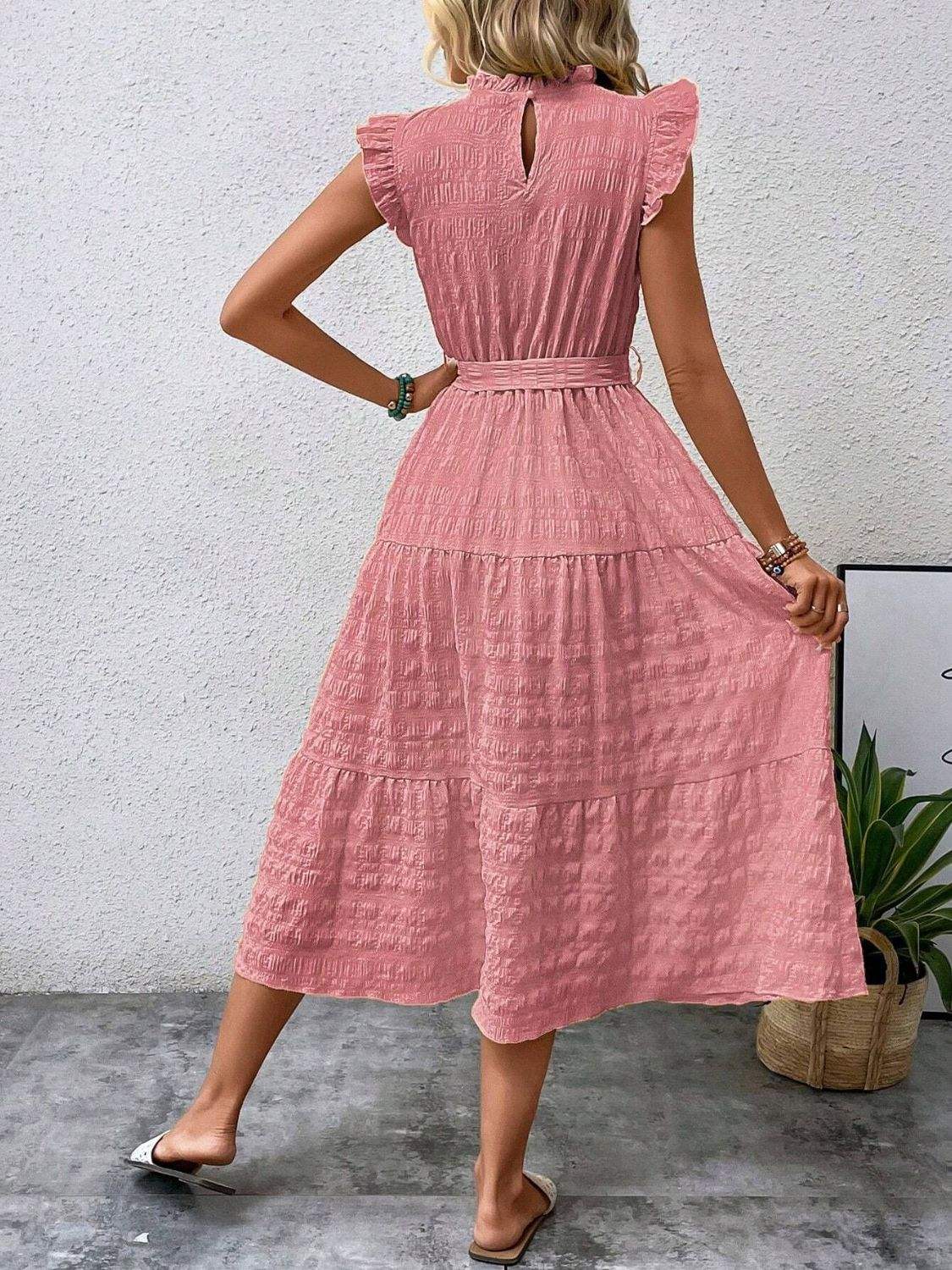 Tied Ruffled Cap Sleeve Midi Dress - Trendsi - Flyclothing LLC