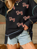 Sequin Joy Letter Graphic Contrast Seam Detail Drop Shoulder Sweatshirt - Trendsi - Flyclothing LLC